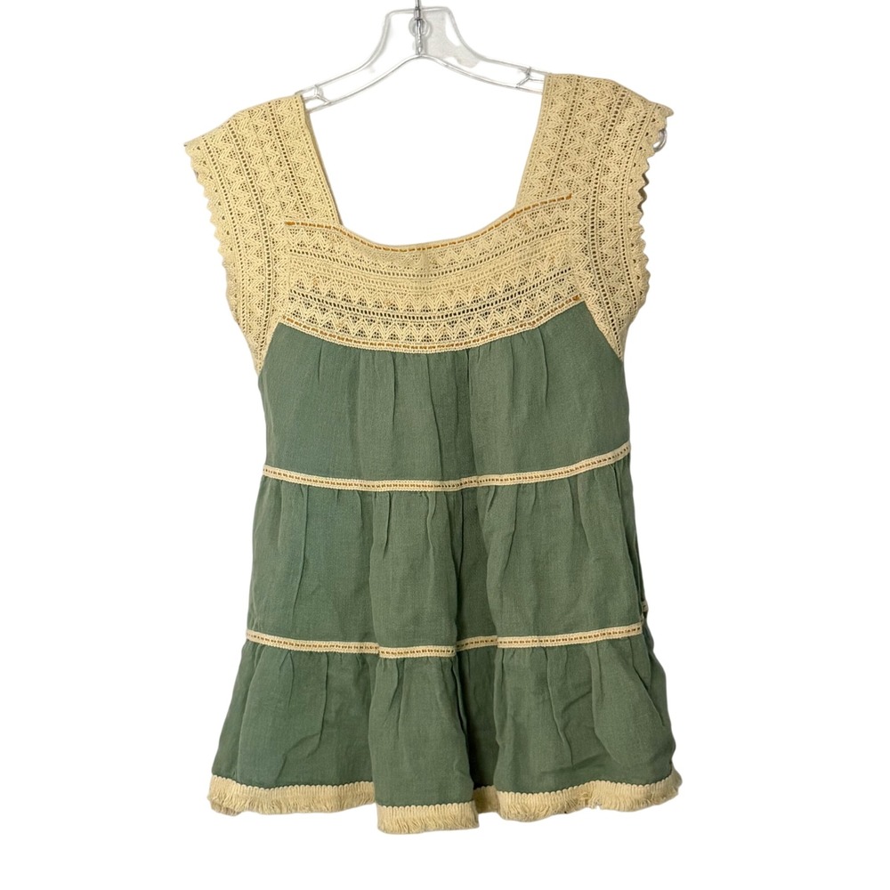 Free People Crochet Lace Tiered Linen Babydoll Top Jade Fringe Boho -‎ XSmall